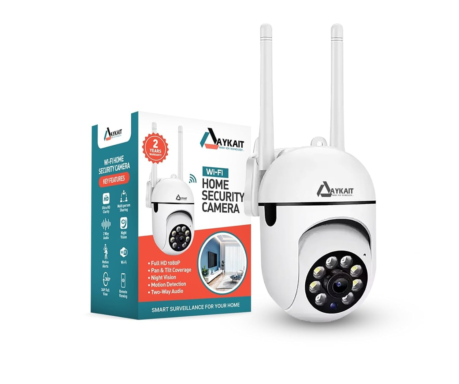AYKAIT Smart  WiFi Camera - 2MP Dual Light 360, Degree View, Two-Way Baby & Elderly Office Shops Monitoring, PTZ Indoor , App v380 pro with 2 Years Warranty